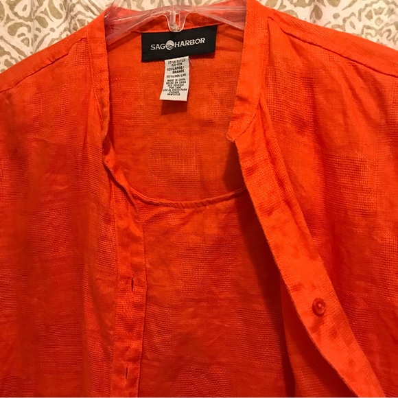 Sag Harbor 100% Linen Orange Button Front Faux Cami Long Sleeve Shirt NWOT - Picture 3 of 16